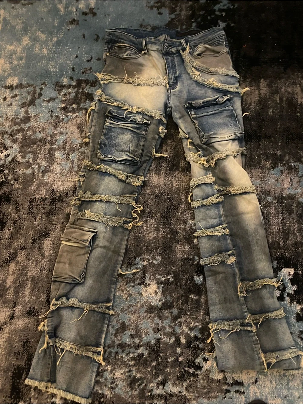Men's Skinny Distressed Washed Blue Jeans - Frayed Panel Detail - Picture 6 of 7